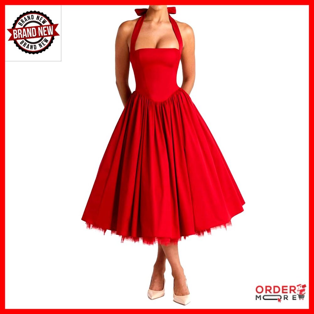 Halter Midi Dress Corset Back Layered Tulle Skirt A Line Formal Elegant